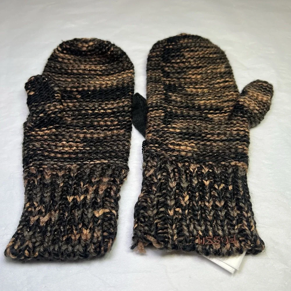 Fossil Women's Brown & Black Gloves Knit Stretch Winter Mittens Flower Bead Work